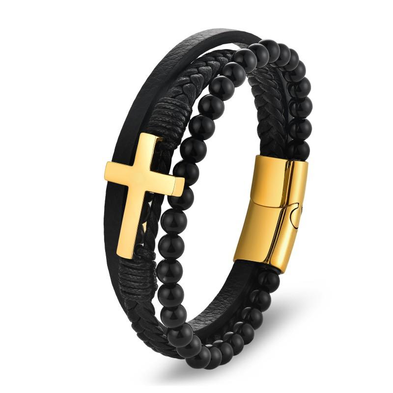 Herren Edelstahl Kreuz Anhänger Geflochtenes Kunstleder Armband Street Style Geometrischer Charm Armband Tägliches Tragen