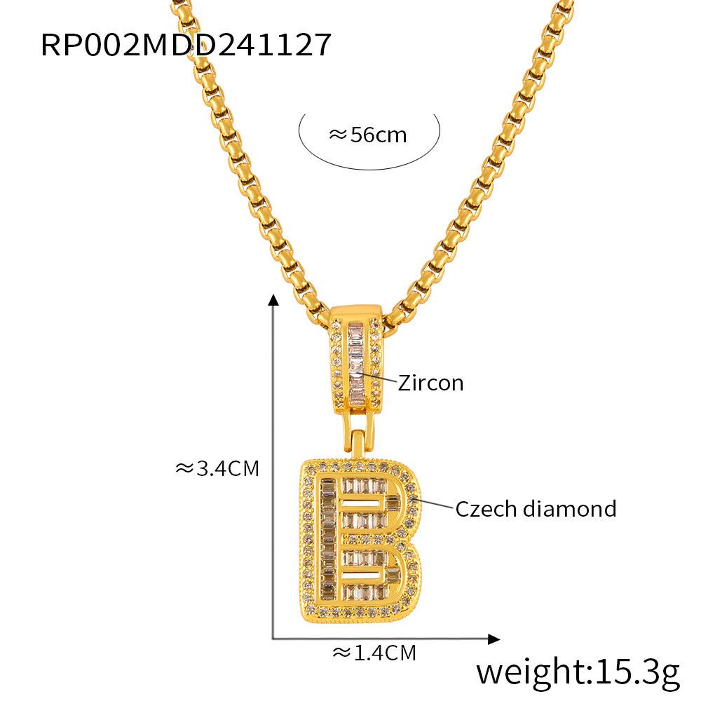Minimalist Letter Inlaid Diamond Copper Pendant Necklace with Long Box Chain in Gold-Plated Titanium Steel