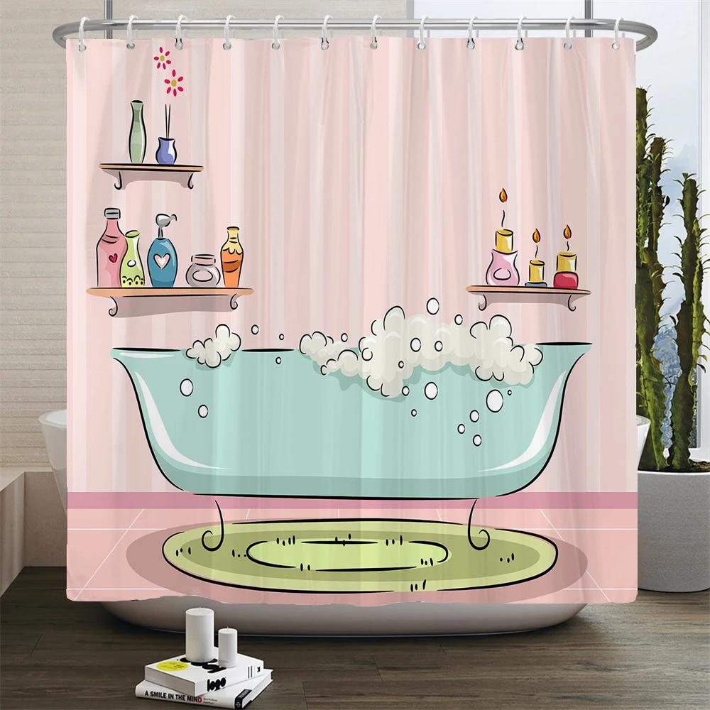 Perfume Bottle Flower Shower Curtain Set Black White Stripes Fashion Girl Woman Bathroom Decor Polyester Bath Curtains Hooks
