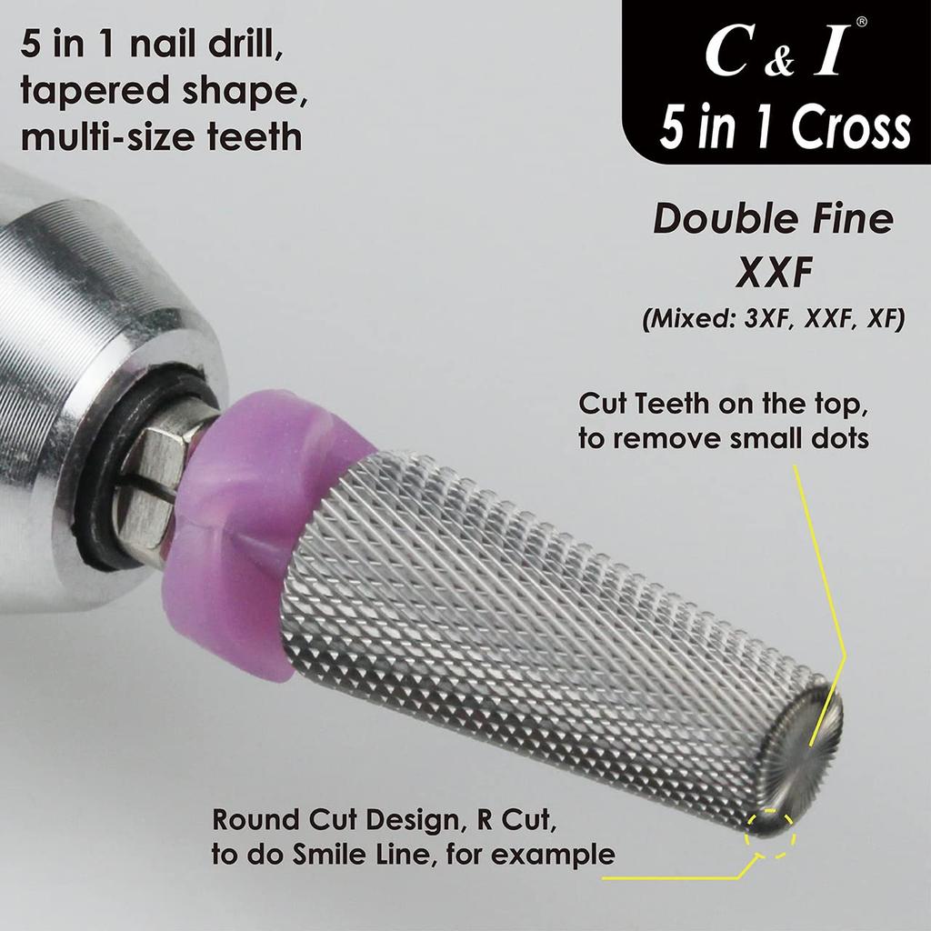C & I 5 in 1 Multi-function Tapered Shape Nail Drill, Cross Teeth Edition, Professional Drill Bit for Nail Manicure Machine (Double Fine - XXF)