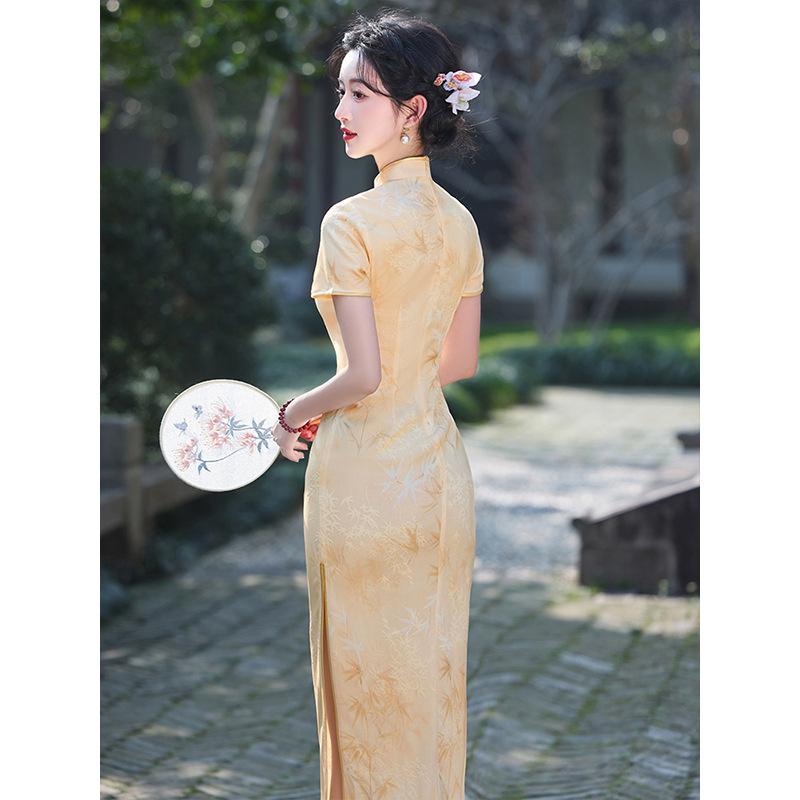 Yellow cheongsam girl new Chinese summer engagement daily can wear simple and elegant temperament waist 1011 new dress