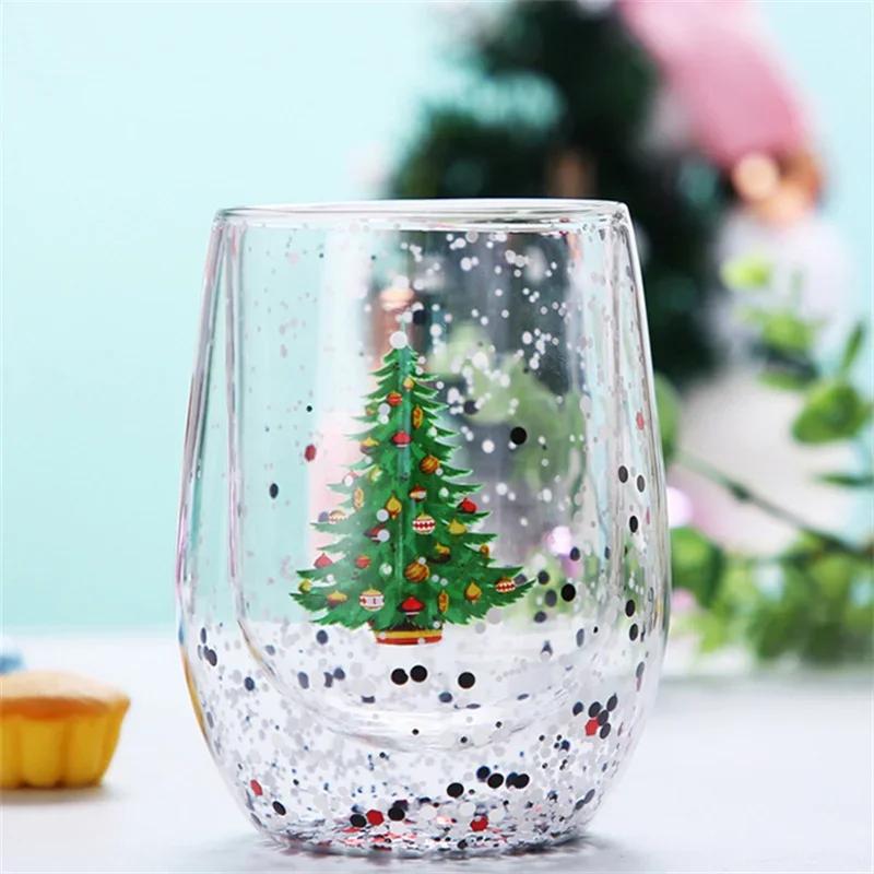 Heat-resistant Coffee Cups Double Wall Glass Cup Cute Cartoon Snowflake Christmas Tree Drinking Glasses Christmas Gift Drinkware