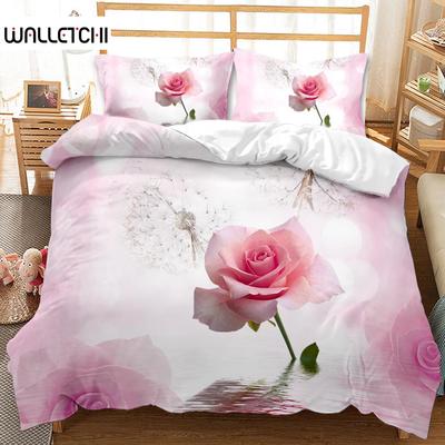 Juego de Funda Nórdica de Rosas Microfibra Rosa Corazón Rosa Tema Romántico de Flores Juego de Cama Para Enamorados Tamaño Doble Queen King Funda de Edredón