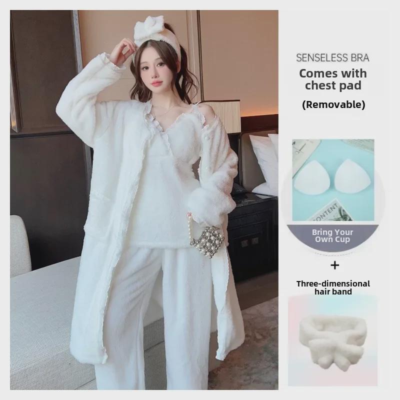 Suspender Trousers & Outer Robe Set with Chest Pad + 3D Hairband - Autumn/Winter Sexy Pajamas Coral Fleece 4-Piece Set.