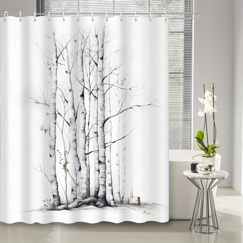 Black And White Tree Branch Shower Curtain - Decorative Bathroom Accessory With Hooks, Grommet Top | All-Season Polyester Fabric