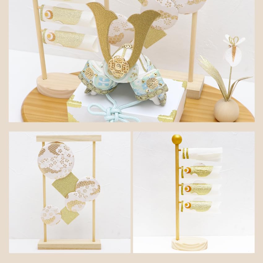 Osaka Choseido May Compact Koinobori Mini Personalized Wooden White and with Helmet Ornament Set Doll, (Carp Streamer), Chirimen, Tag, Indigo, (Sent