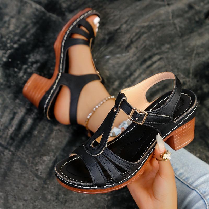 Large size women's new summer one-word buckle sandals, metal buckle thick high-heeled comfortable sandals