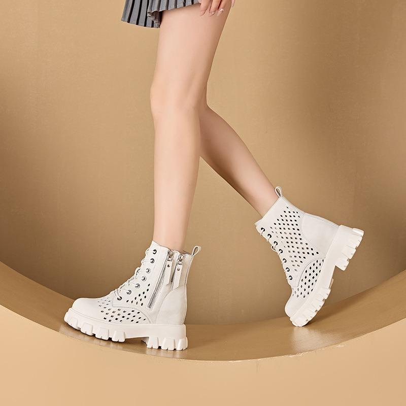 Spring small size hollow Martin boots for women, thick-soled inner height-increasing casual shoes for women, double-sided zipper women's shoes