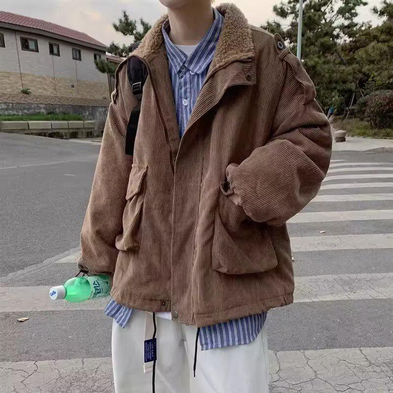Herren Cord Baumwolljacke im Hongkong-Stil mit warmem Lammwollfutter und Stehkragen