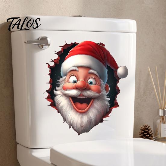 Funny Holiday Party Decorations Santa Toilet Sticker, Christmas Lid Decal, Self-Adhesive, 3D Festive Tank Clings Hole Waterproof PVC Wall Sticker for