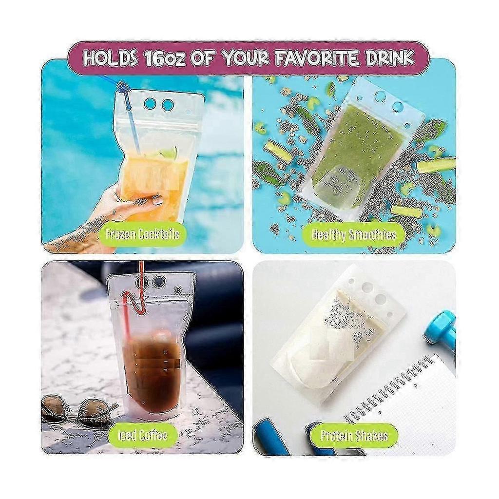 100pcs 16oz Drink Pouches For Adults - Drink Pouches With Straws X100 - Resealable Smoothie Pouches