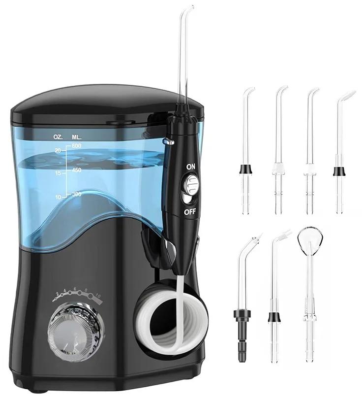 

Іригатор для порожнини рота 600 мл Професійний з 7 насадками Високоімпульсний Іригатор для відбілювання зубів Брекети, Імпланти Догляд за яснами Портативний холодний колір чорний