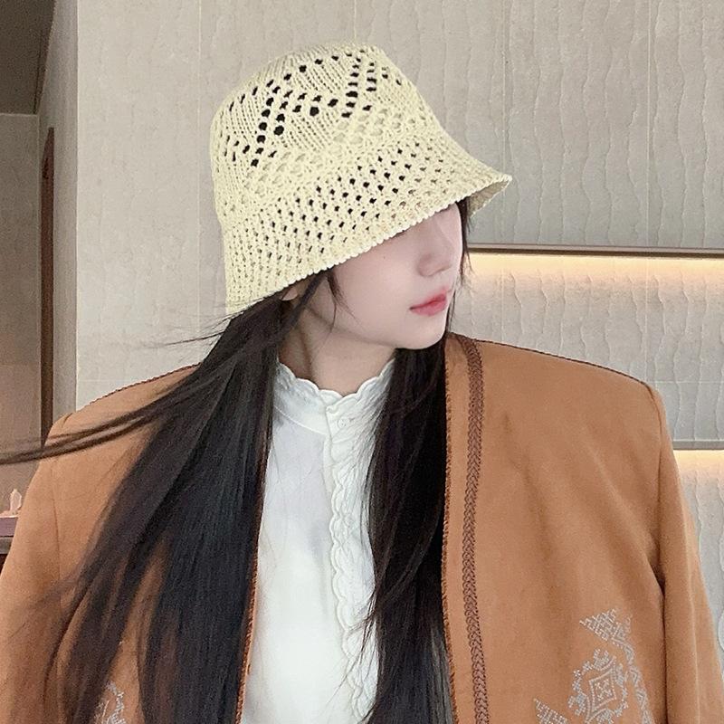 Hollow knitted bucket hat women's summer breathable thin face small bucket hat travel beach versatile sun hat
