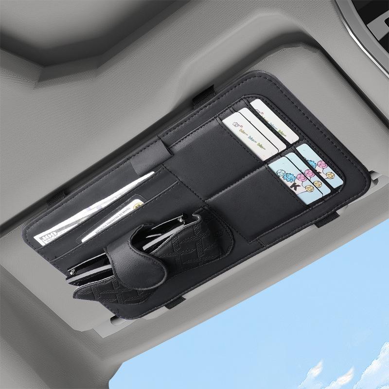 Car Sun Visor Organizer - Premium PU Leather Multifunctional Storage Box with Fashion Glasses Clip, Card Slots & Pen Holders