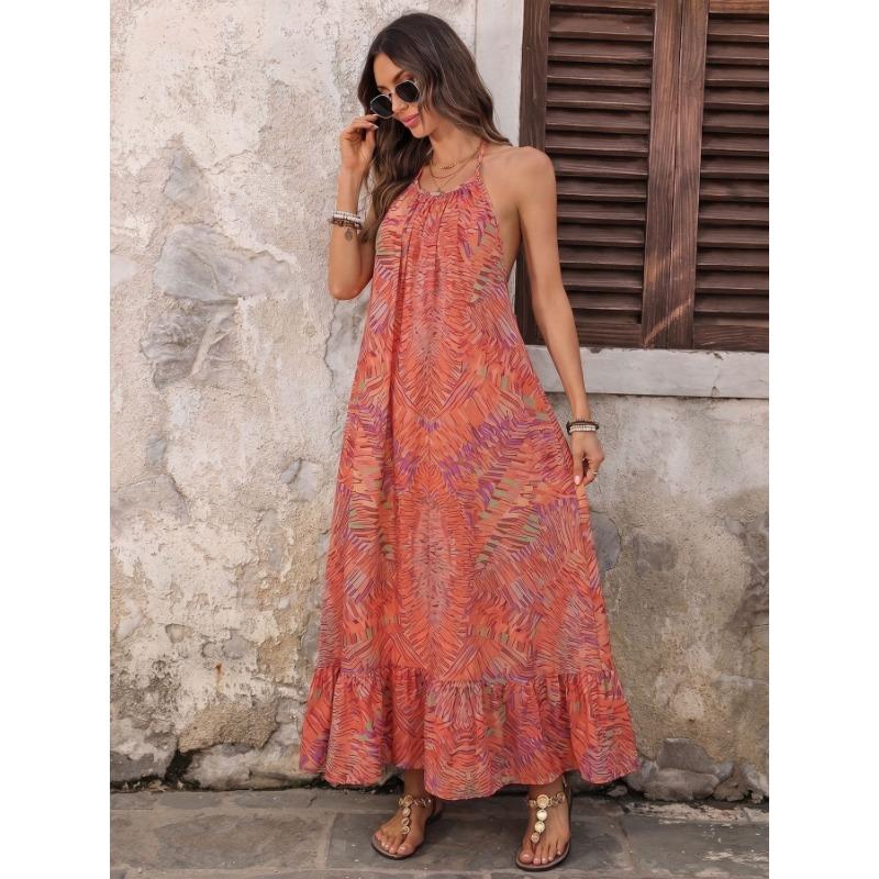 Bohemian Vacation Style Loose Abstract Print Halter Backless Long Dress For Women