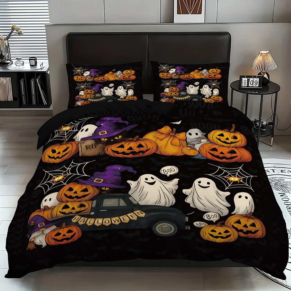 

3pcs Halloween Bedding Set Evil Pumpkin Ghost Cat Design Duvet Cover & Pillowcases Included Perfect Holiday Decor Gift 135x200cm UK Single
