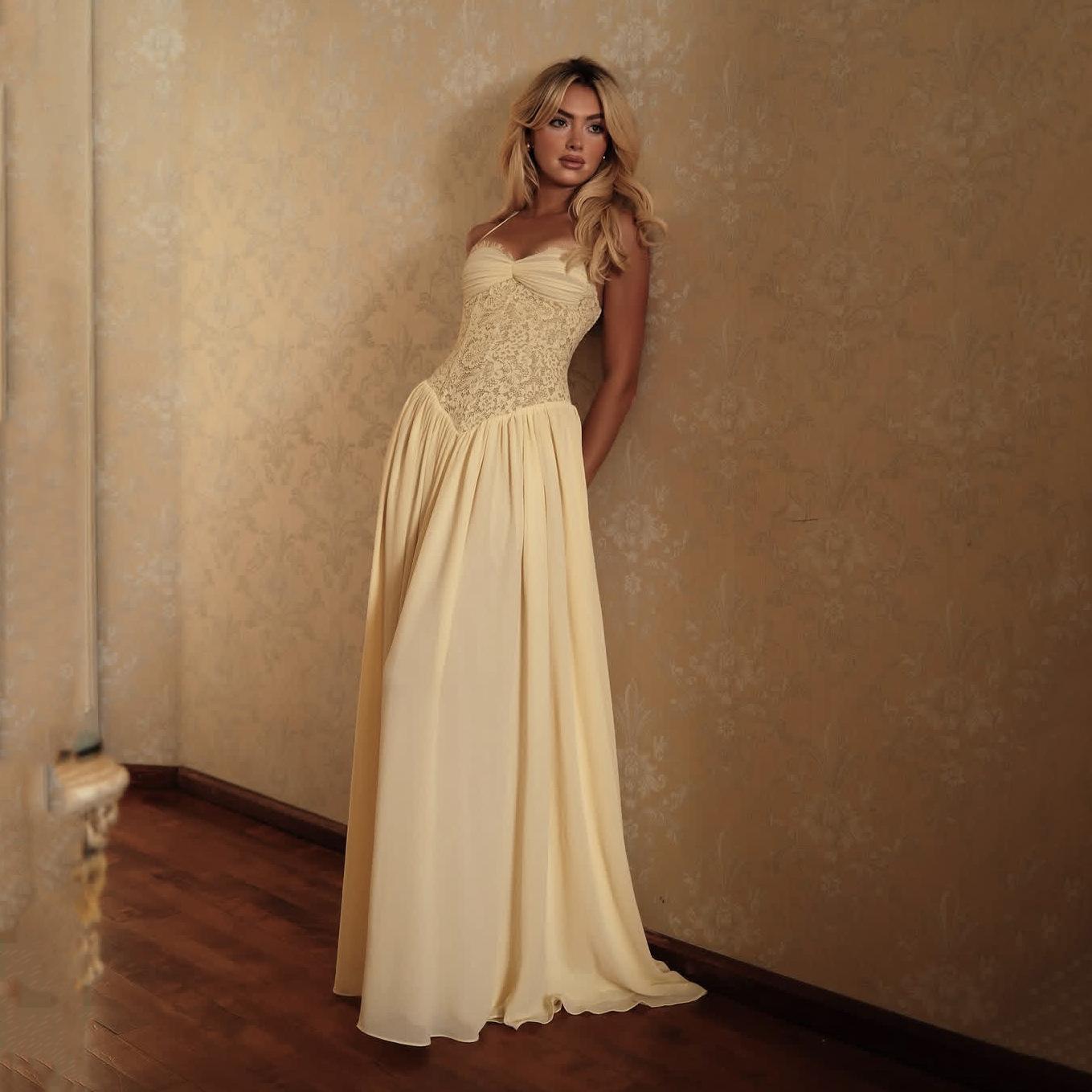 French elegant lace neck A-shaped long dress, waist pendulum elegant holiday dress, pure desire wind mopping dress XS жёлтый