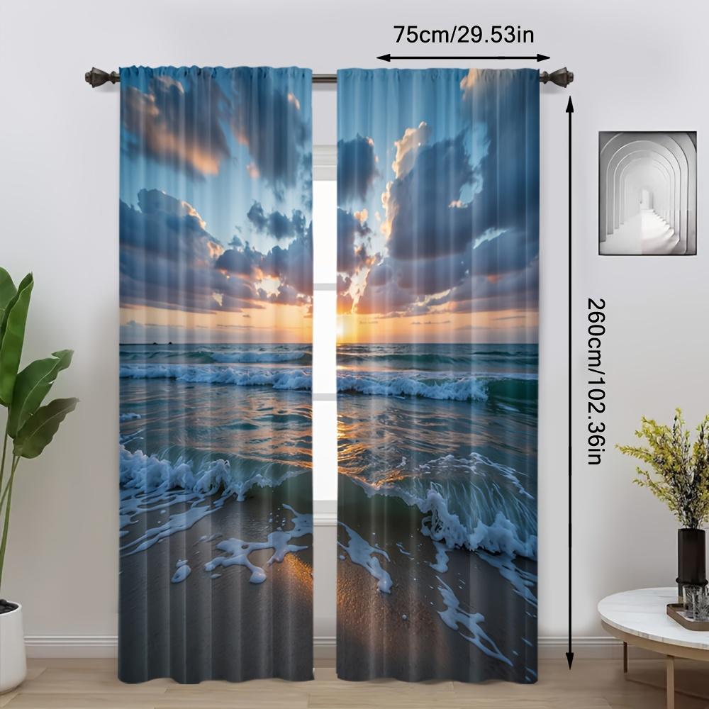 2pcs Tropical Beach Ocean Waves Curtains - Vibrant Sunset Print, Semi-Transparent Polyester, Machine Washable, Perfect for Bedro