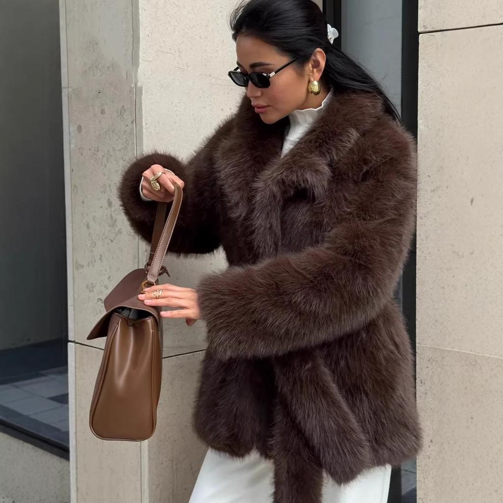 Autumn and winter environmentally friendly artificial fur imitation fur effect medium and long women's jacket suit collar jacket