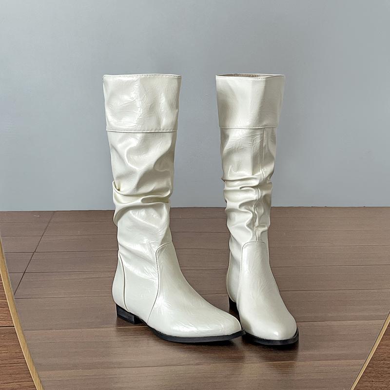 Cosy Soft Leather Women Knee High Boots Fashion Slip On Long Booties Street Style Winter Low Heel Shoes  De Mujer