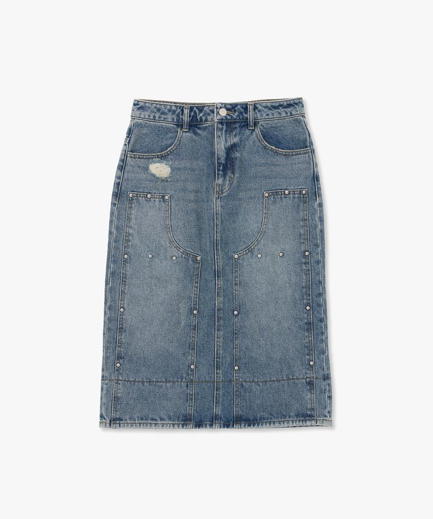 Plack Woman Rivet Point Midi Denim Skirt Mid Blue