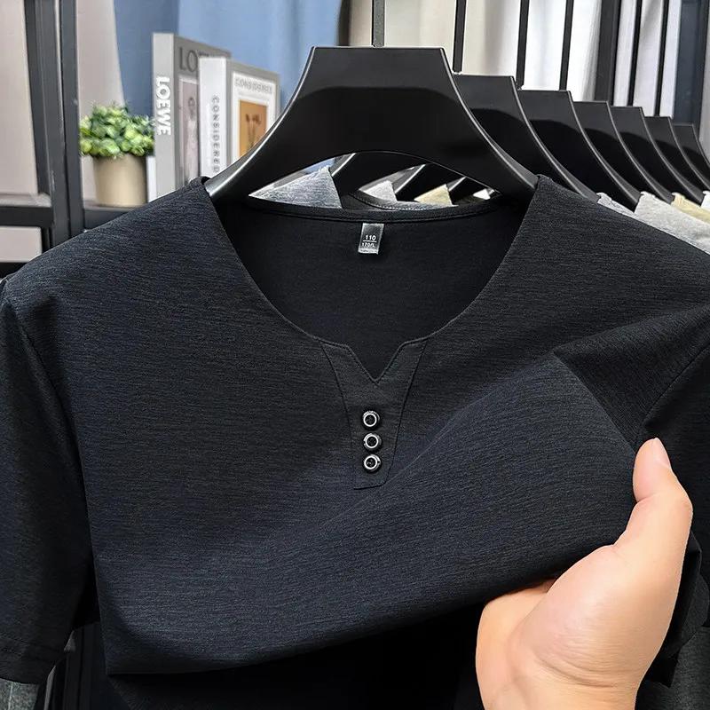 Men's Business Casual Three Button V-neck Short Sleeved T-shirt Korean Style Summer Comfortable Versatile Top