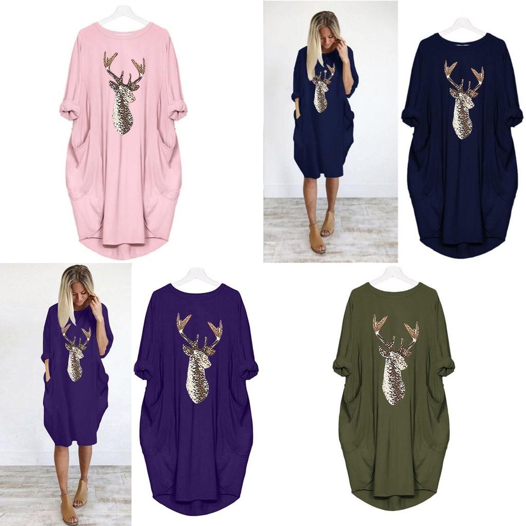 Women's Christmas Deer Pattern Printed Round Neck Dress With Full Sleeves And Stylish Design
