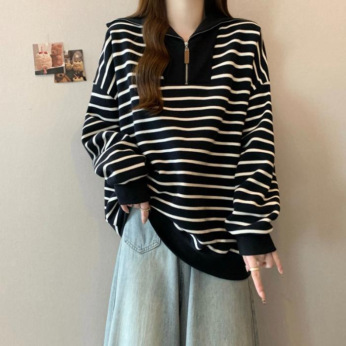Women's Half-Zip Polo Collar Striped Sweatshirt - Autumn/Winter, Plus Velvet, Korean-Style, Versatile, Loose Fit, Retro Chic, Hong Kong Style.