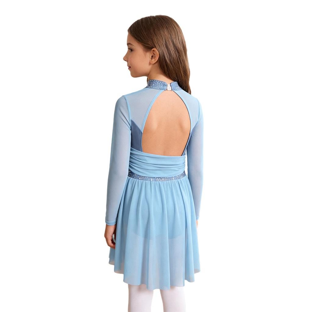 Girls Rhinestones Lyrical Dress Long Sleeve Mock Neck Cutout Back Side Split Sheer Mesh Ruched Costume