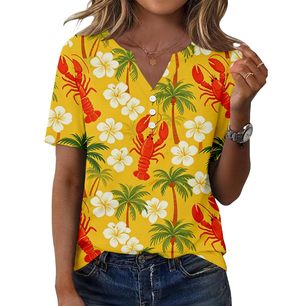 Women's Casual V Neck Short Sleeve Button T Shirt Lobster Print Lightweight Summer Top for Everyday Wear