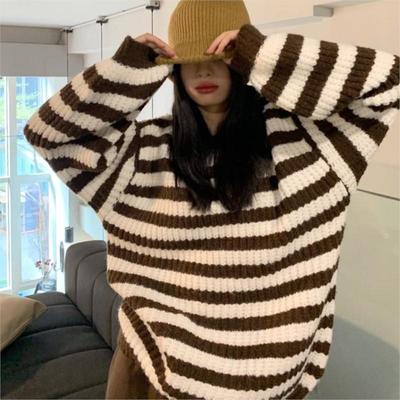 Autumn Winter New Thickened Round Neck Striped Pullover Sweater Female Students Lazy Loose All-match Long-sleeved Sweater
