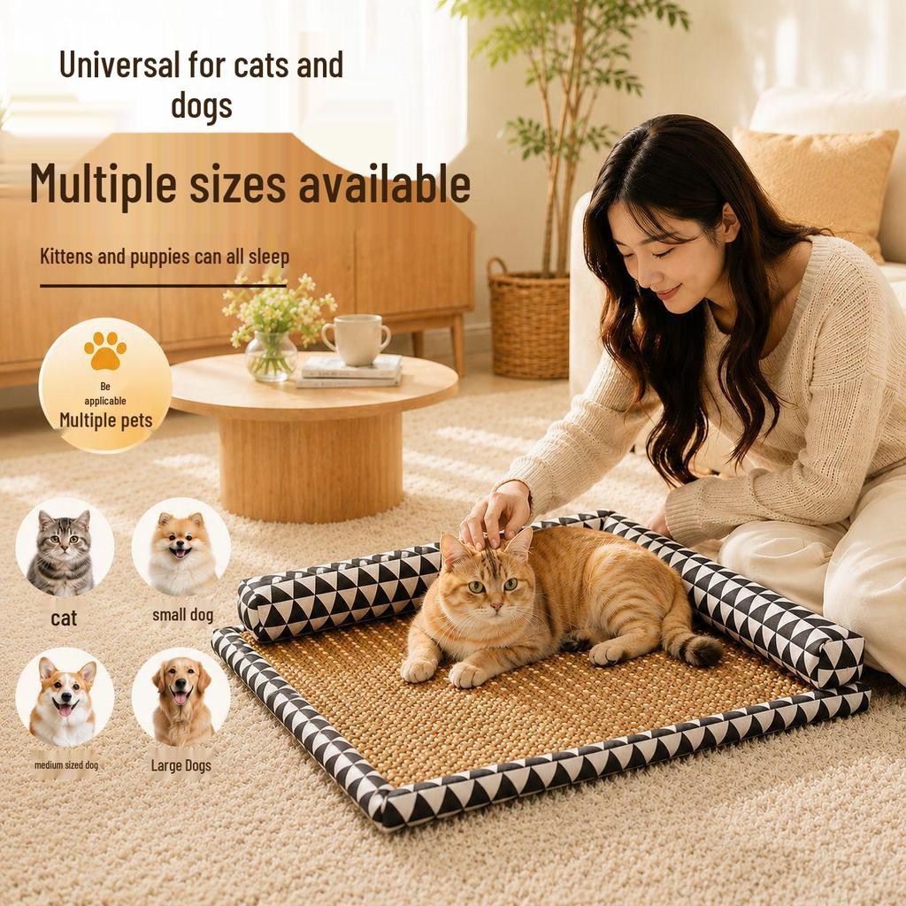 Rattan Woven Cooling Cat & Dog Bed - Universal Pet Mat for Small to Medium Breeds
