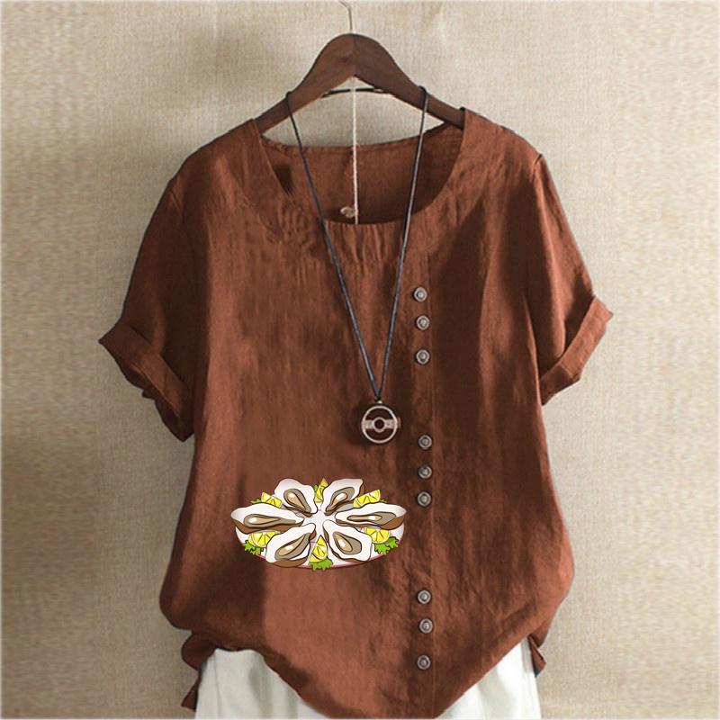 Damen Neues Mode Leinenhemd Rundhals Kurzarm Austern Bedrucktes T-Shirt Sommer Damen Lässige Bluse Tops