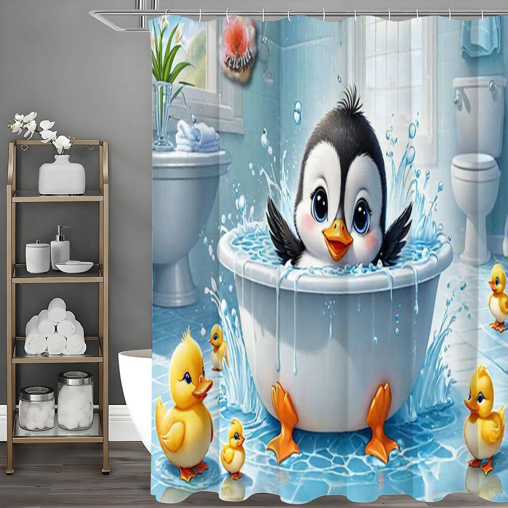 Cute little penguin bathing yellow duck shower curtain, bathroom decorative shower curtain, waterproof shower curtain with hooks