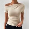 Spring and Summer Solid Colour Fashion Slim Drawstring Irregular Collar Short Sleeve T-Shirt Top