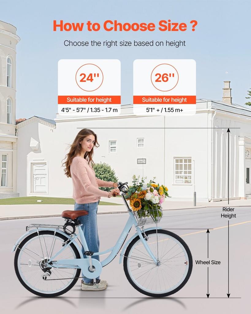 26-Inch Cruiser Bike 7-Speed Light Blue Beach Cruiser Bike with Basket
