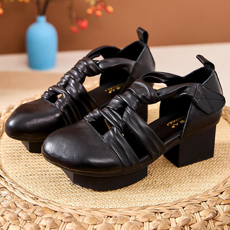 

Fashion GKTINOO 2025 New Women Sandals Summer Genuine Leather Woven Gladiator Sandals Retro Style Round Toe Casual High Heel Shoes 40