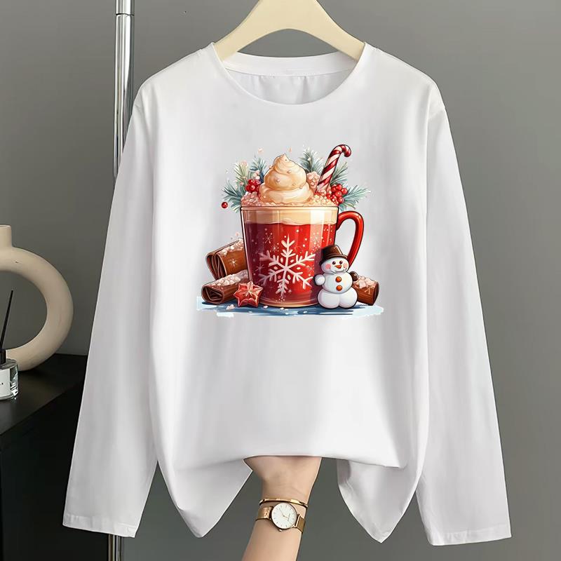 (Asian Size) sweet merry style Print T Shirt Christmas holiday Graphic Tee Women autumn winter Casual Fashion Top Clothing Long Sleeve T-shirts