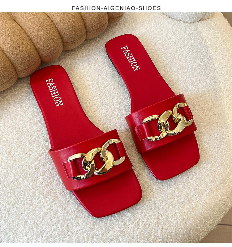 2025 Sommer Damen Quadratische Zehenpartie Flache Sohle Kettenschleife Sandalen, Koreanischer Stil, Große Größen, Lässige Einzelriemen