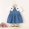 Summer Girls Denim Dress Floral Short Sleeve Collar Fake Two Piece Baby Toddler Princess Jean Dress Casual Party Outfit
