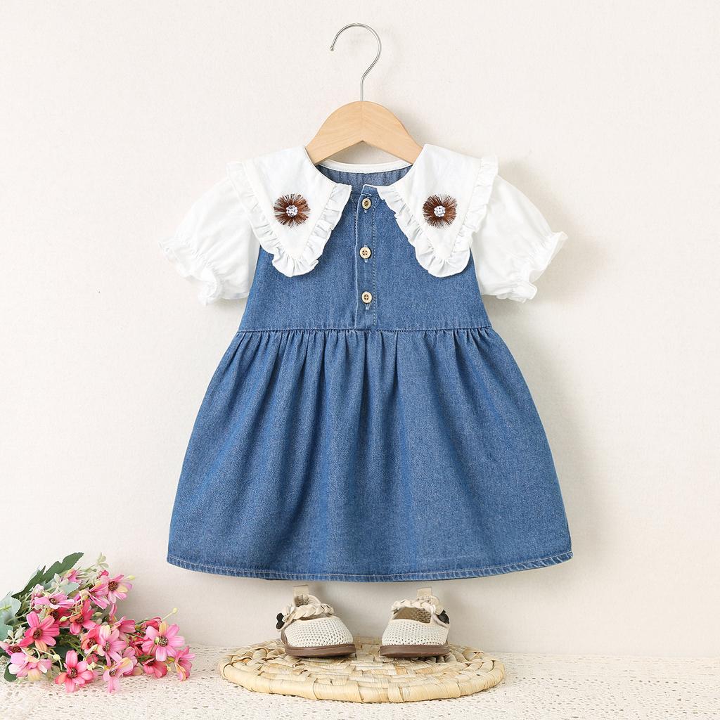 Summer Girls Denim Dress Floral Short Sleeve Collar Fake Two Piece Baby Toddler Princess Jean Dress Casual Party Outfit