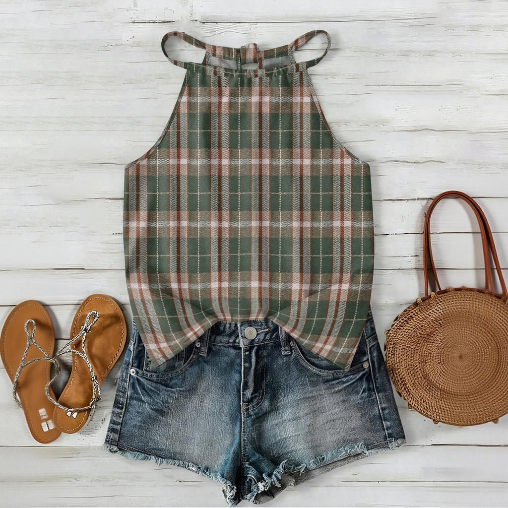 Damen ärmelloses kariertes Tanktop im Bohemian-Stil, leichte lässige Sommerbluse mit verstellbaren Trägern und lockerer Passform