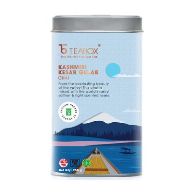 Tè del Kashmir con rosa e zafferano (250 g), Kashmir Kesar Gulab Chai, scatola da tè