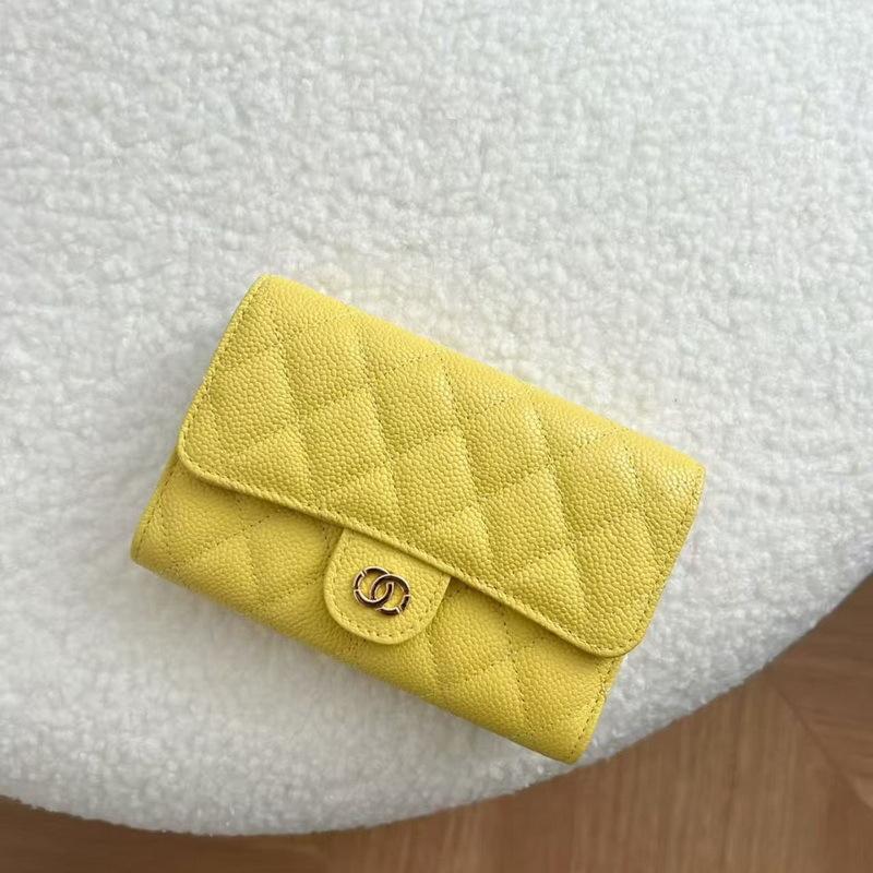 2026 New Caviar Patterned Cowhide Long Three Fold Wallet Hand-held Bag Chain Strap Crossbody Genuine Leather Women's
