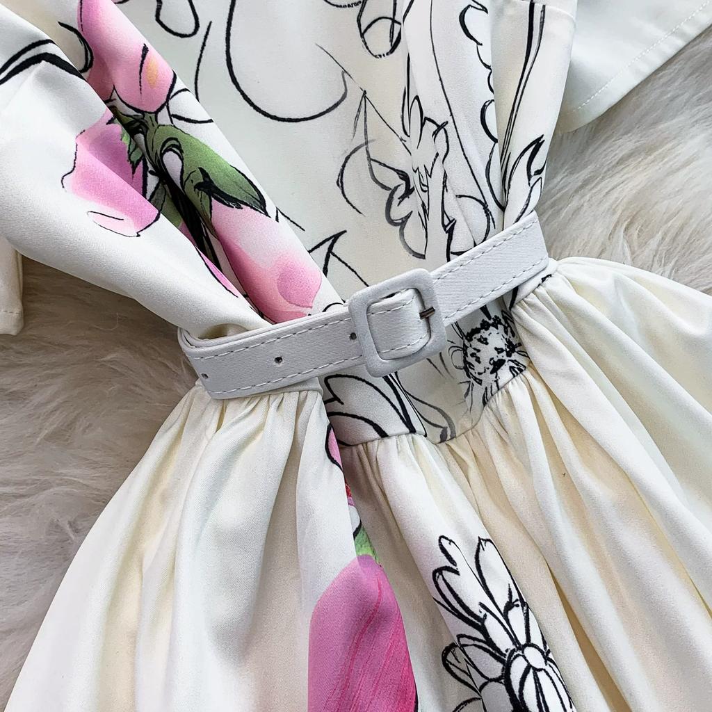 2026 New Summer Women Floral Print Short Sleeve Midi Long Elegant Gorgeous Bridesmaid Cocktail Party Dress with Round Neck
