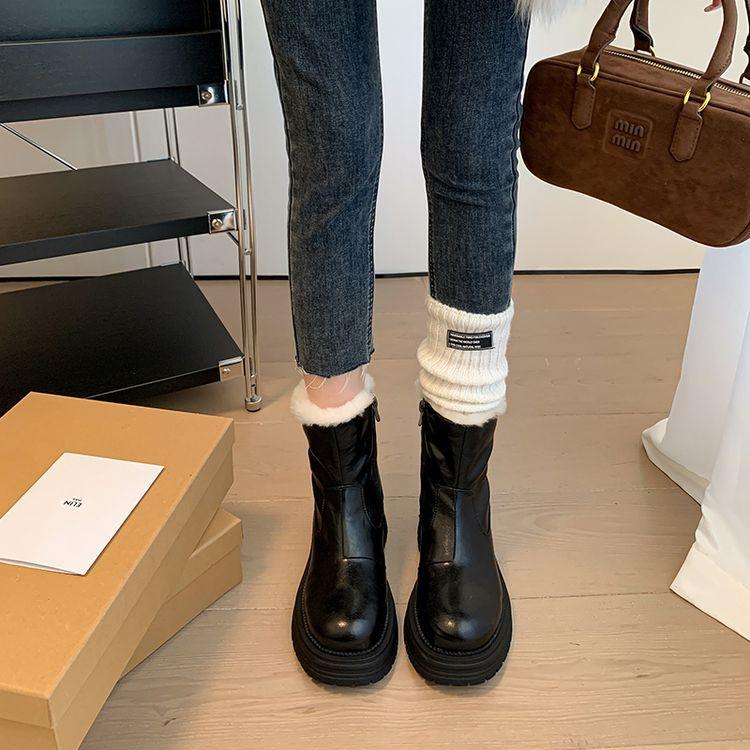 2025 høst og vinter nye tykksålede skinn Martin-støvletter dame varme ekte hår korte støvletter utsøkte sideglidelås lammullsstøvletter