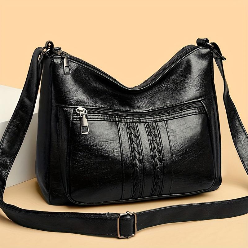 Women's Large Capacity Soft PU Leather Shoulder Bag With Multiple Zipper Compartments, Simple Crossbody Casual Purse