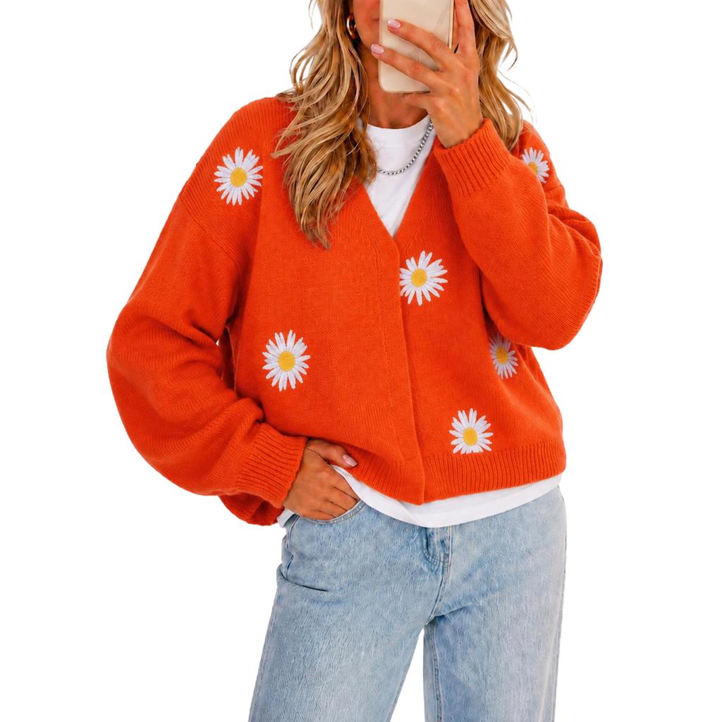 Women's Single Breasted Embroidered Knit Cardigan Sweater with Button Front and Long Sleeve