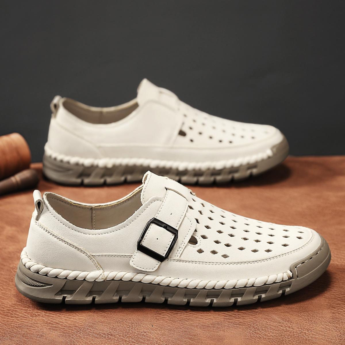 

Fashionable Men s Leather Sandals Vintage Hand Sewn Hollow Summer Walking Shoe 2025 Buckle Breathable Casual Shoes Barefoot Shoe 39 бежевый