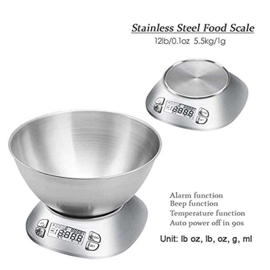 Digital Kitchen Scale with Removable Bowl 2.5L Volume Electronic Stainless Steel Food Scale for Cooking Baking Room Temperature